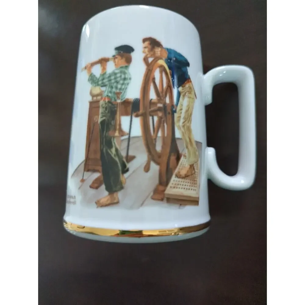 Norman Rockwell Museum Set of 4 Nautical Theme Coffee Mug/Cup, 1985 Gold Trim